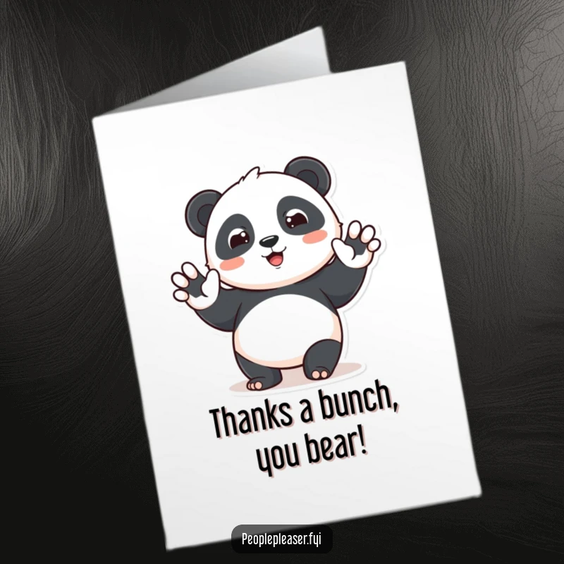 Funny Free Printable Thank You Card featuring a beaming panda character waving hello, offering a happy and humorous thank you message.