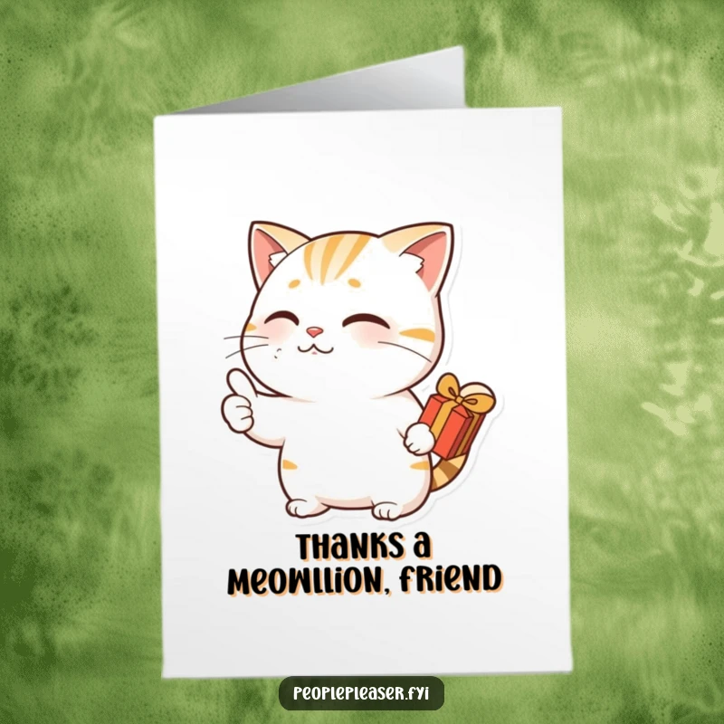 Funny Free Printable Thank You Card: A nodding cat gives a thumbs up while offering a small gift, showing appreciation.