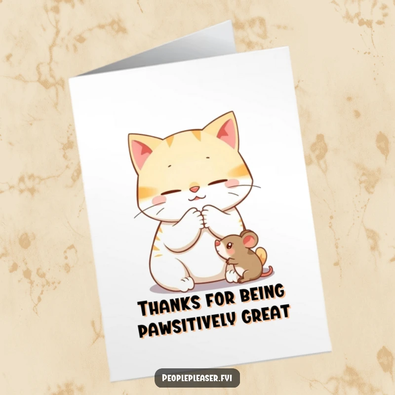 Funny Free Printable Thank You Card: Content cat purring while grooming a toy mouse, expressing thanks, a cute and funny downloadable gift.