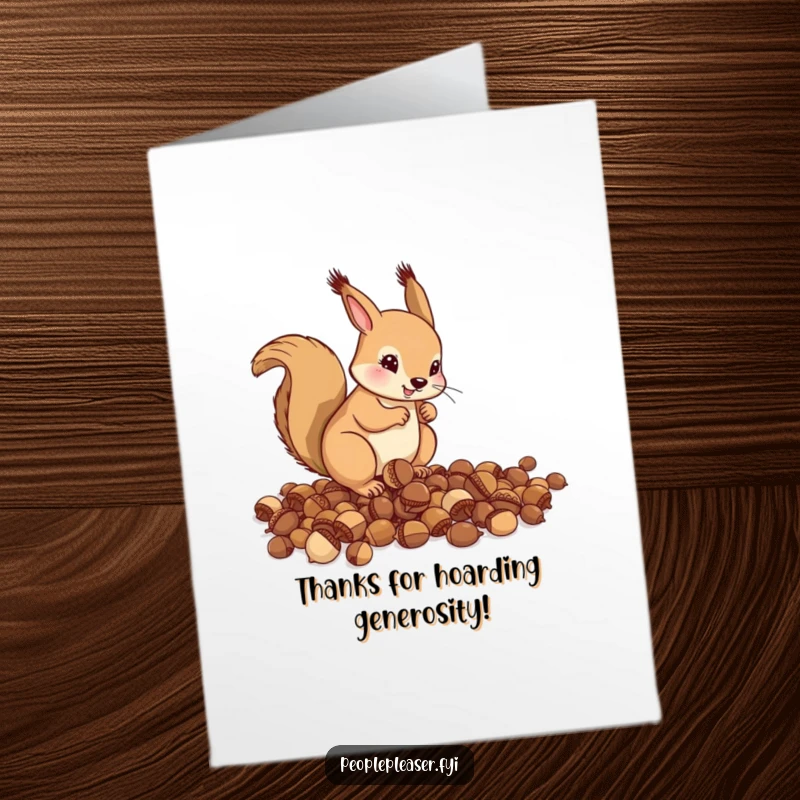 Funny Free Printable Thank You Card: A helpful squirrel meticulously organizes a pile of acorns, showing thoughtful gratitude with every neat row.