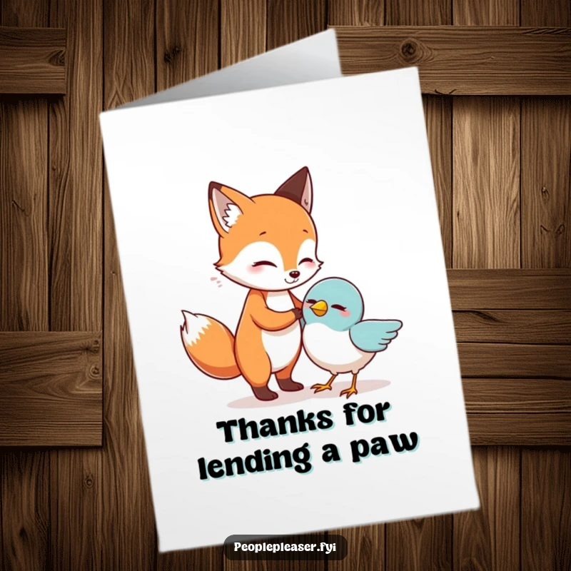 Funny Free Printable Thank You Card: A friendly fox character assists a small bird, conveying heartfelt thanks.