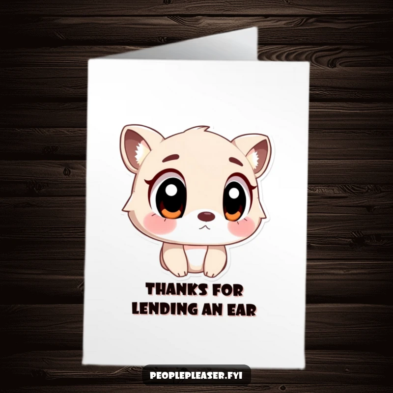 Funny Free Printable Thank You Card: An animal character with large, sincere eyes listens intently, conveying deep appreciation. A thoughtful downloadable.