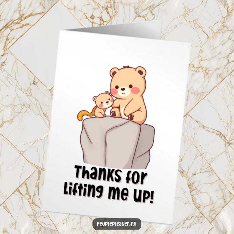 Funny Free Printable Thank You Card: A caring bear gently helps a smaller creature reach a high ledge, embodying the spirit of helpful gratitude.