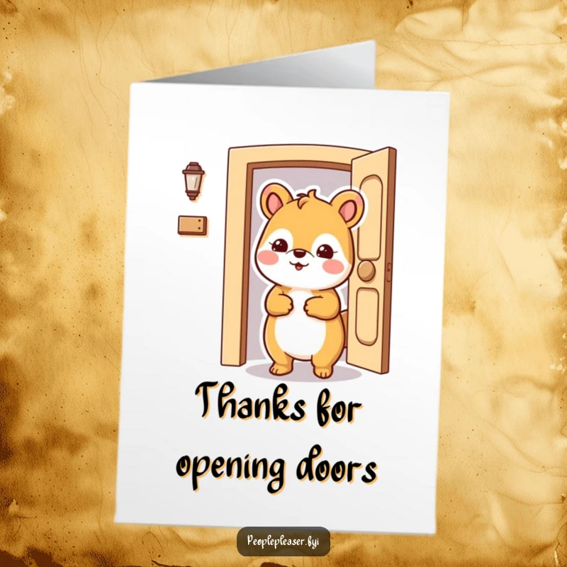 Funny Free Printable Thank You Card: Accommodating animal character holding a door open, a symbol of help and a friendly downloadable note.