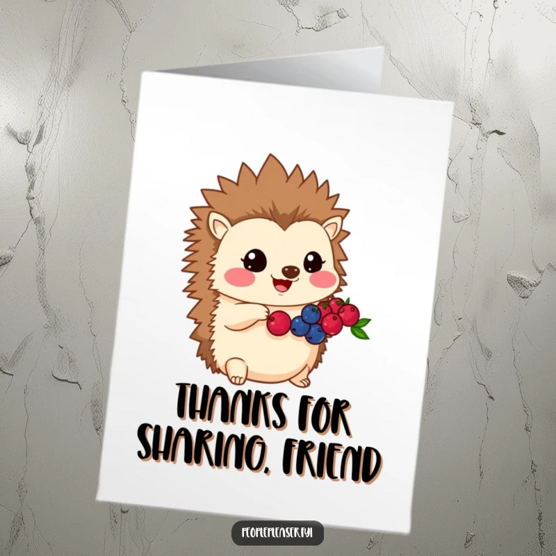 Funny Free Printable Thank You Card: Kawaii hedgehog happily sharing its berries, offering a humorous and heartfelt thank you.