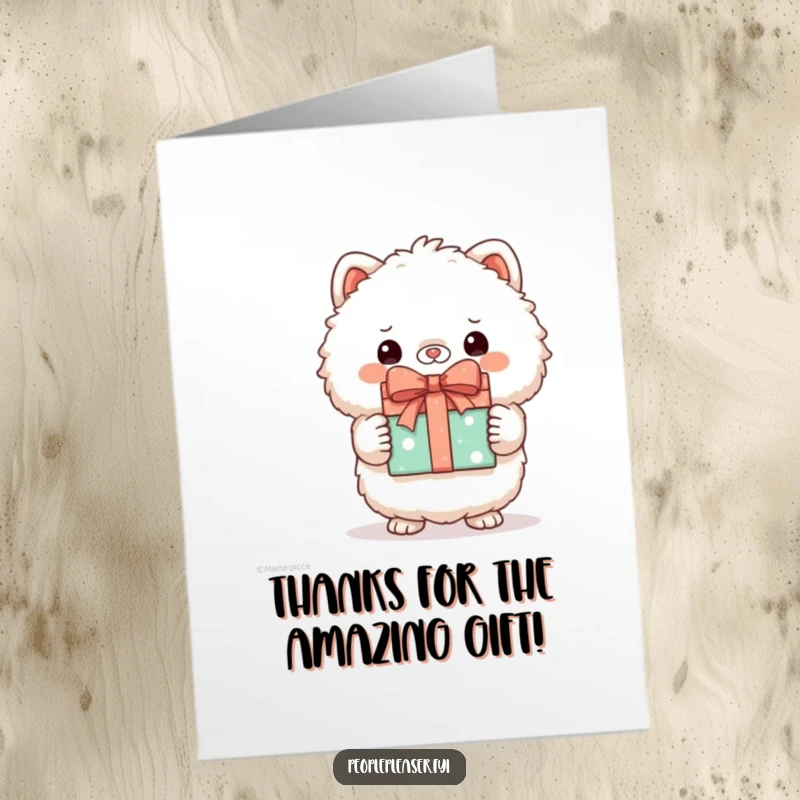 Free Printable Thank You Card with a fluffy animal character proudly presenting a wrapped gift, a thoughtful downloadable thank you.