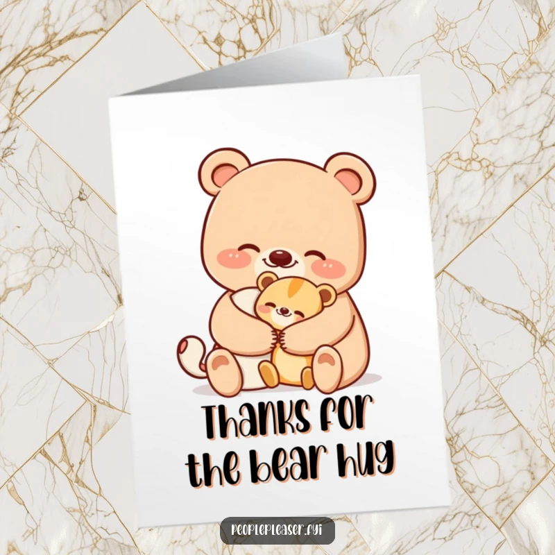 Funny Free Printable Thank You Card: A bear gives a gentle, comforting hug to a smaller animal, showing thanks.