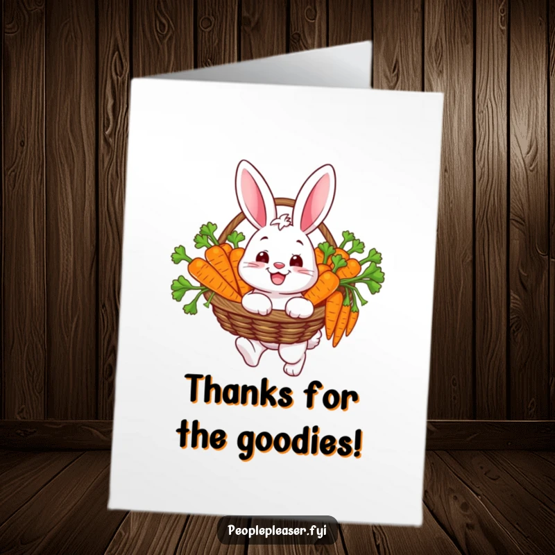 Funny Free Printable Bunny Thank You Card: Happy bunny carrying a basket brimming with carrots, a delightful design for thanks.