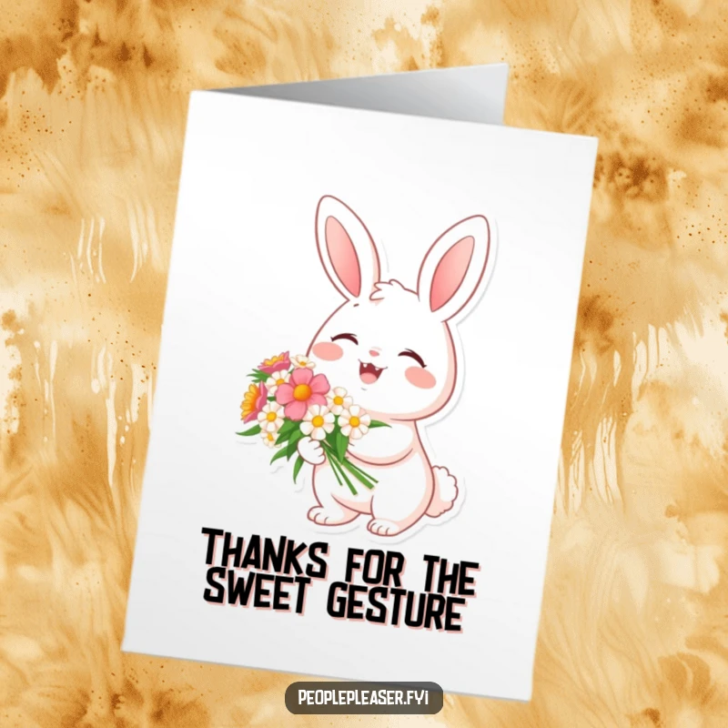 Funny Free Printable Thank You Card: A delighted bunny holds a flower bouquet, expressing thanks warmly.