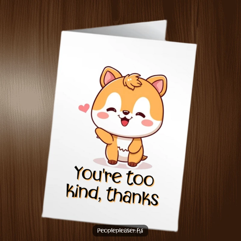 Funny Free Printable Thank You Card: Pleased animal character blushing, receiving a compliment with delight, a grateful and downloadable note.