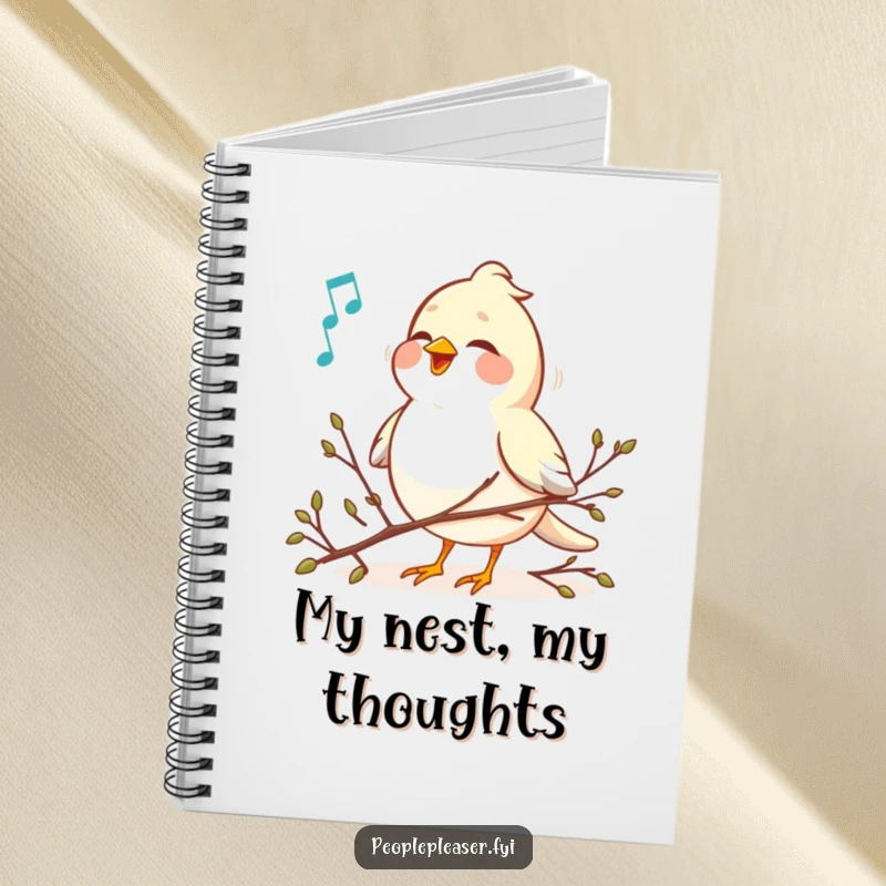 Funny cheerful bird singing a sweet melody and arranging tiny twigs on a notebook, ideal for journaling and songwriting.