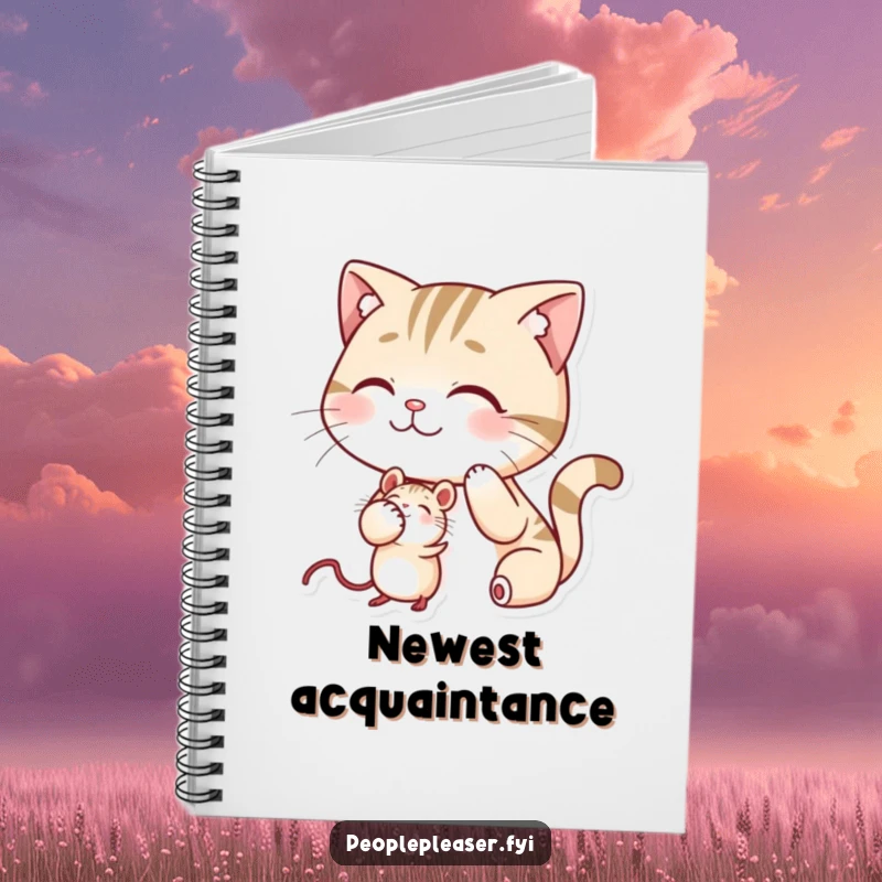 Funny notebook with a smiling cat patting a mouse on the head, ideal for journaling.