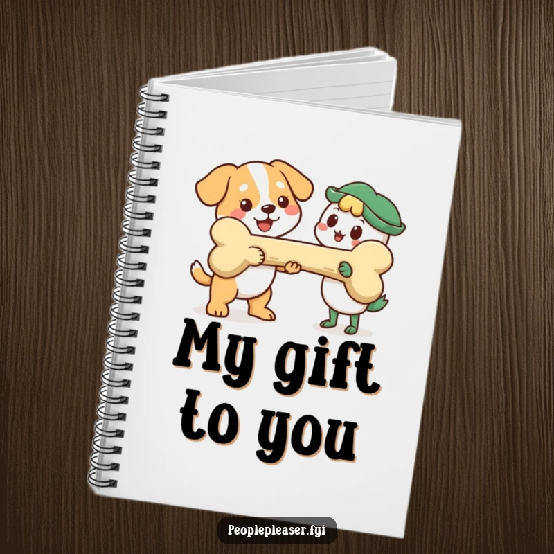 Funny Notebook: Cheerful dog character offers a giant bone, perfect for jotting down ideas with a dose of canine humor.