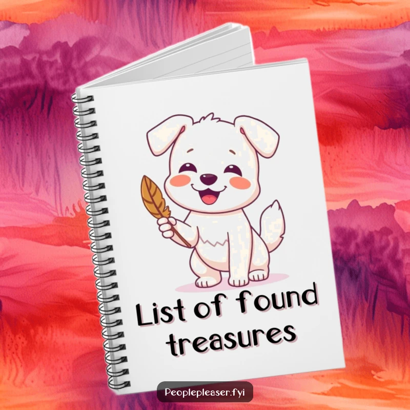 Funny notebook showing a happy dog wagging its tail and presenting a found feather, perfect for note-taking.