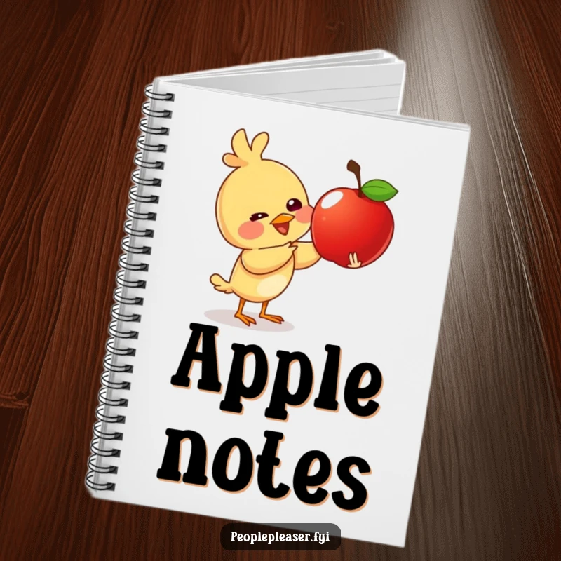 Funny notebook with a giggling bird character giving a shiny apple, perfect for jotting down cheerful ideas and sweet notes.