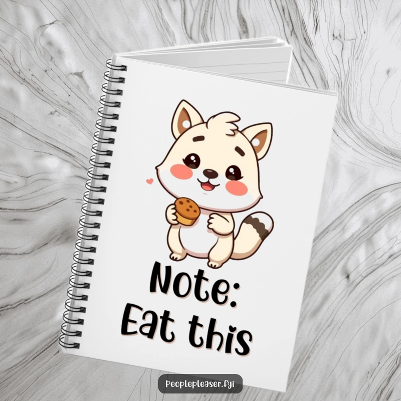 Funny notebook cover with an eager animal character holding out a tasty treat, encouraging creativity and joy.
