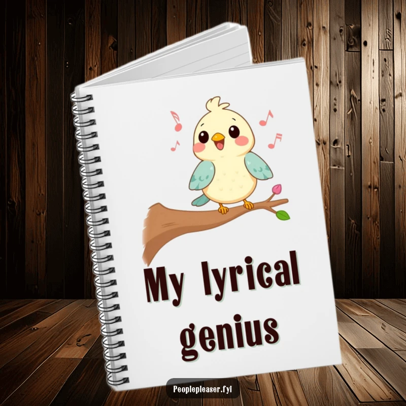 Funny Kawaii bird notebook with a cheerful singing character on the cover, perfect for jotting down lyrics and musical ideas.
