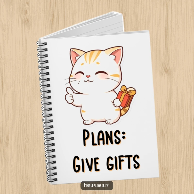 Funny notebook with a nodding cat character giving a thumbs up and holding a gift, perfect for jotting down funny thoughts.