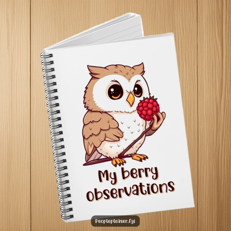 Funny notebook showing a curious owl offering a polished berry, perfect for journaling and note-taking.