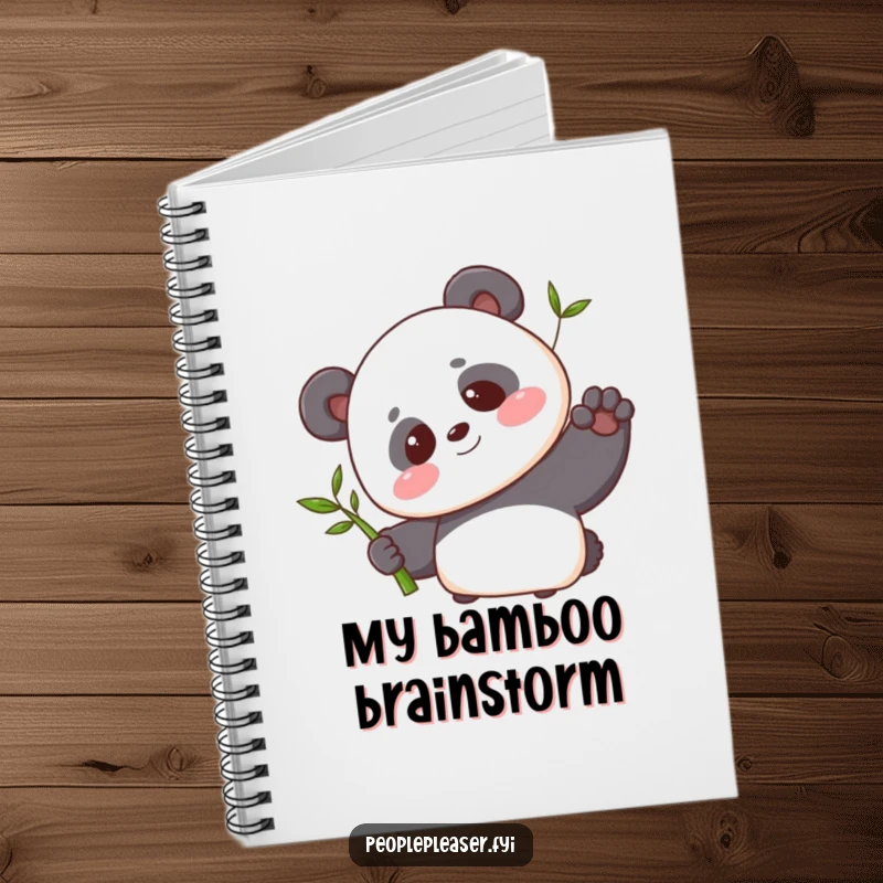Funny notebook with a cover illustration of a blushing panda character offering a single bamboo shoot with a sweet smile, ideal for notes.