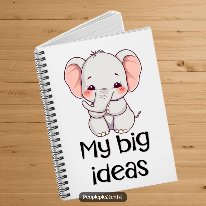 Funny Kawaii elephant notebook with a hugging character on the cover, perfect for jotting down kind thoughts and loving messages.
