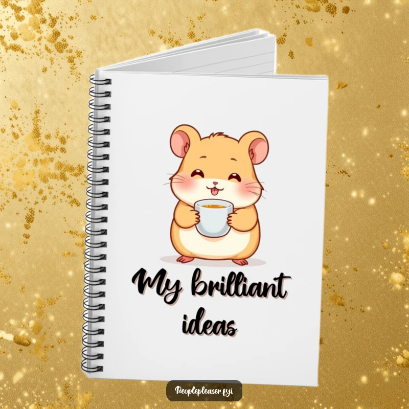Funny hamster notebook with a cute character holding a miniature teacup, perfect for writing, drawing, and capturing ideas with humor.