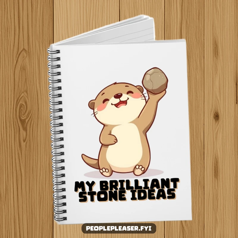 Funny notebook with a cover illustration of a delighted otter character gleefully tossing a smooth stone, ideal for creative writing.
