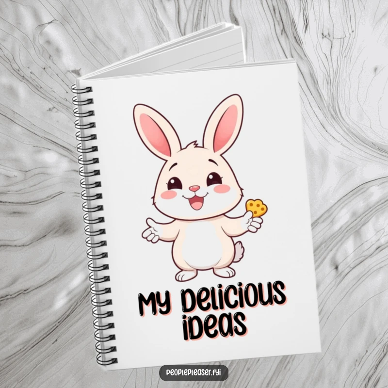 Funny bunny treats notebook with a cheerful bunny character handing out treats with a wide smile, inspiring joyful and humorous writing.