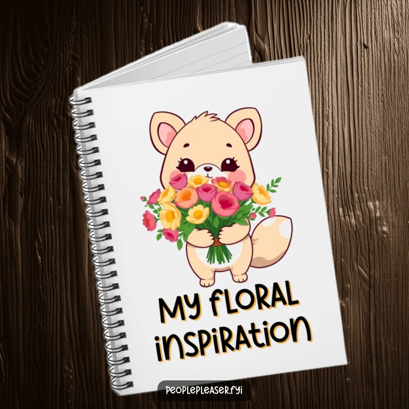 Funny cute animal notebook, holding a huge bouquet with a gentle smile, ideal for jotting down loving thoughts.