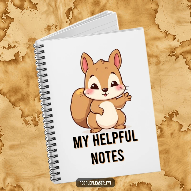 Funny notebook with a diligent squirrel character offering a helping paw, perfect for jotting down kind ideas.