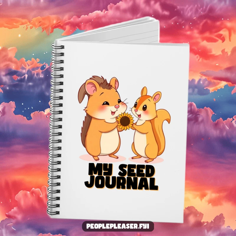 Funny notebook cover featuring a hamster giving a sunflower seed to a squirrel, great for jotting down funny thoughts.
