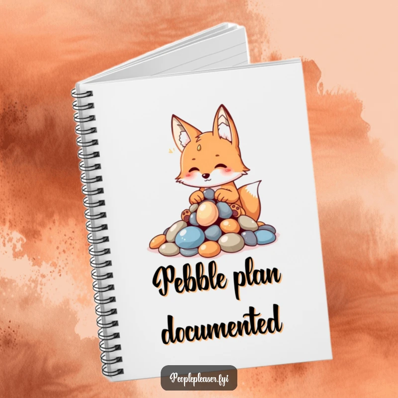 Funny fox notebook, showing a clever fox arranging shiny pebbles, ideal for jotting down ideas with a hint of playful intelligence.