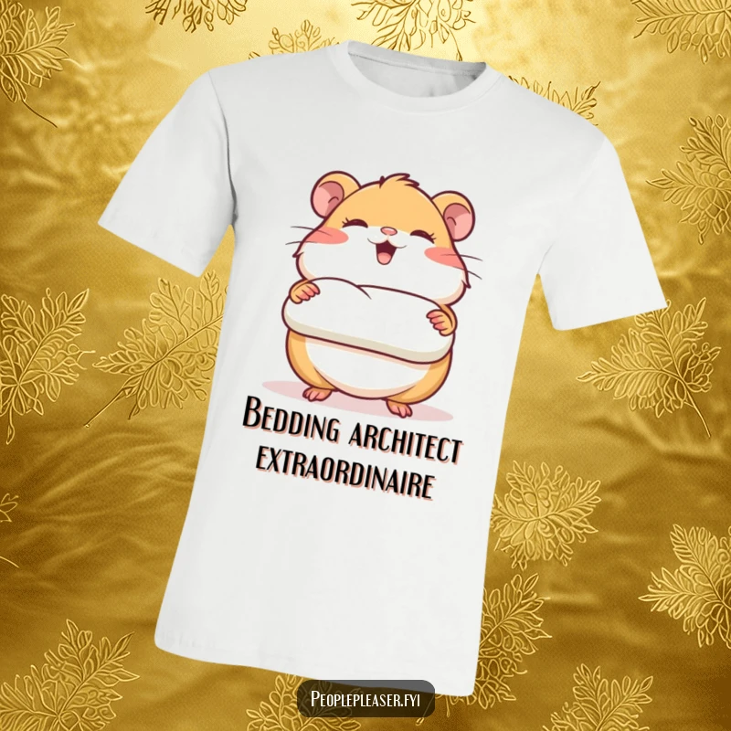 Funny t-shirt depicting a giggling hamster character presenting a perfectly rolled piece of bedding, highlighting its expertise in creating a cozy nest.