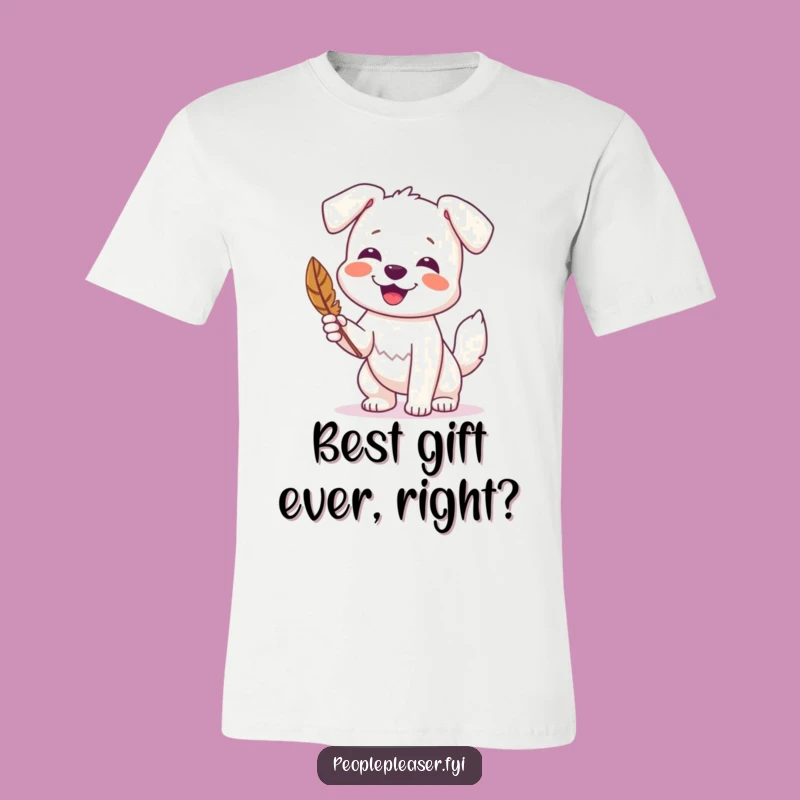 Funny Dog Feather T-Shirt: Cute dog showing off a feather, a funny gift for pet owners.