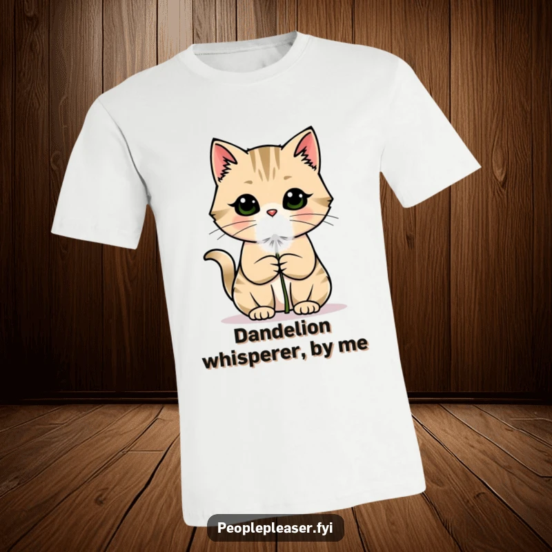 Funny cat t-shirt with a charming cat holding out a single dandelion puff, exuding gentle affection and lightheartedness.
