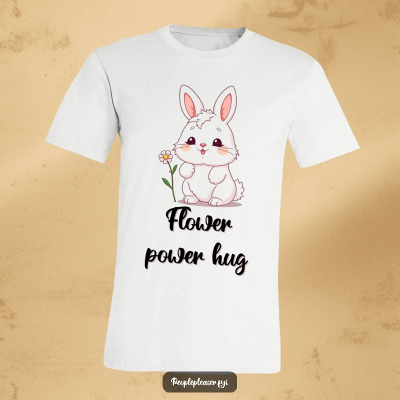 Funny bunny t-shirt, enthusiastically nodding while presenting a small, colorful flower, radiating joy and generosity.