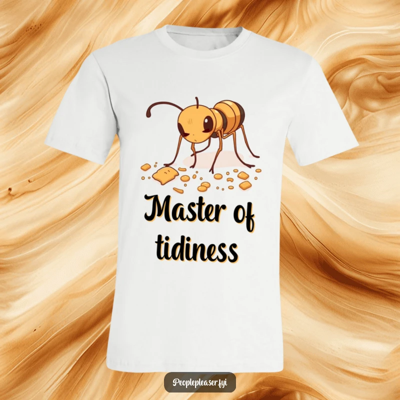 Funny t-shirt with a diligent ant meticulously cleaning up scattered crumbs, highlighting its industrious nature.