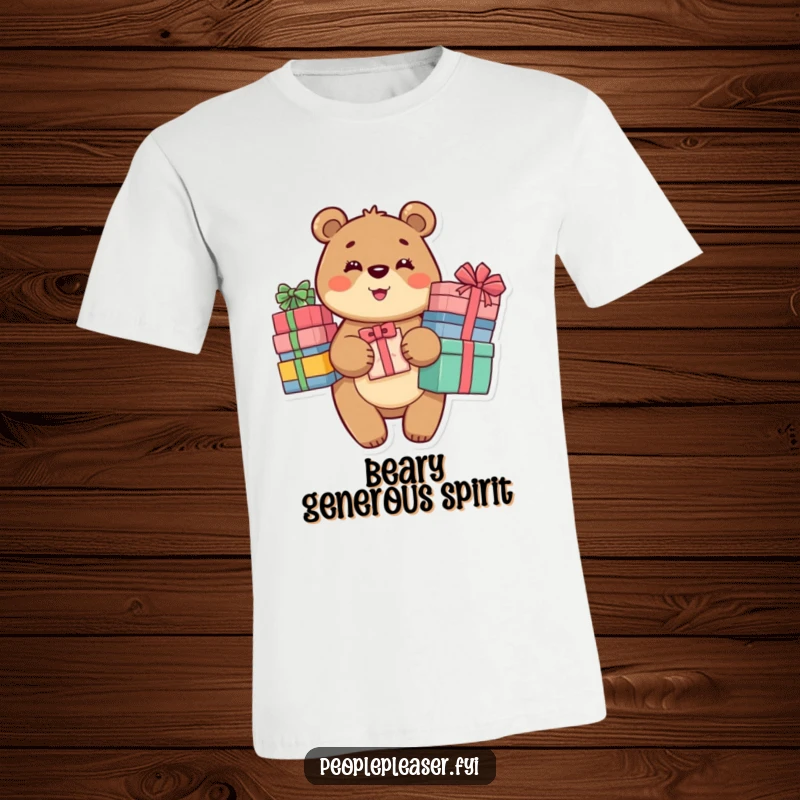Funny Bear T-Shirt depicting a happy bear holding a large stack of gifts, ideal for kind-hearted individuals.