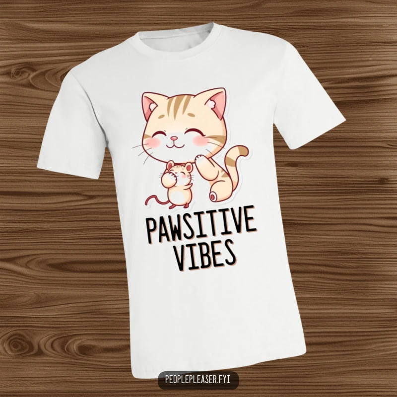 Funny T-shirt depicting a smiling cat patting a mouse on the head, celebrating interspecies harmony.
