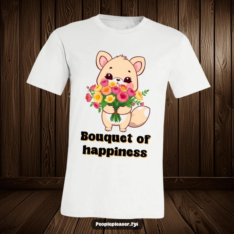Funny cute animal t-shirt, presenting an enormous bouquet with a gentle expression, a humorous and loving design.