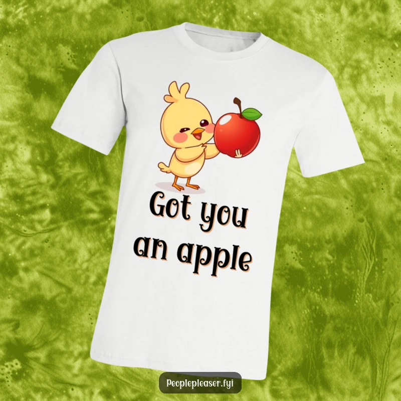 Funny t-shirt with a giggling bird character offering a shiny apple, radiating happiness and the joy of giving.