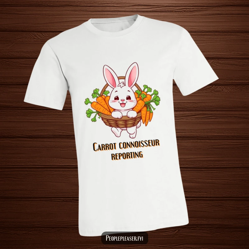 Funny t-shirt depicting a happy bunny character with a basket brimming with carefully selected carrots, symbolizing joy and plenty.