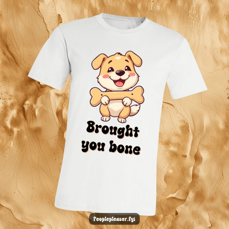 Funny t-shirt with a happy dog character fetching a bone with enthusiasm and a bright, friendly smile.