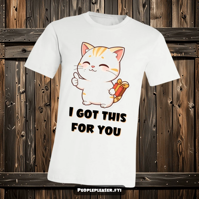 Funny t-shirt with a nodding cat character giving a thumbs up, holding a small gift, showing approval and bringing a smile.