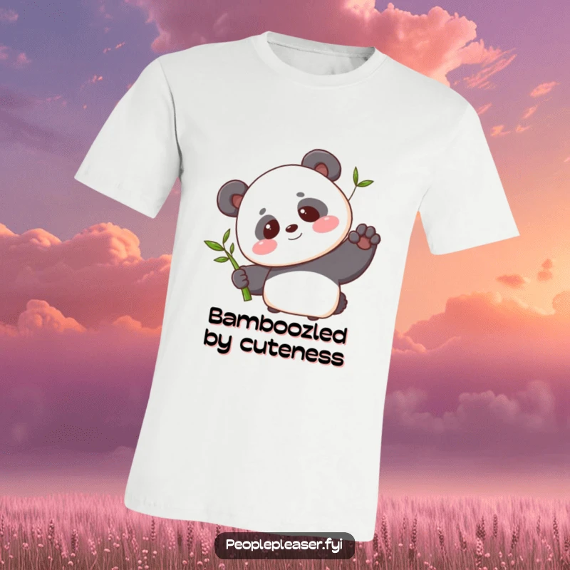 Funny t-shirt depicting a blushing panda character offering a single bamboo shoot with a sweet smile, embodying tenderness and charm.
