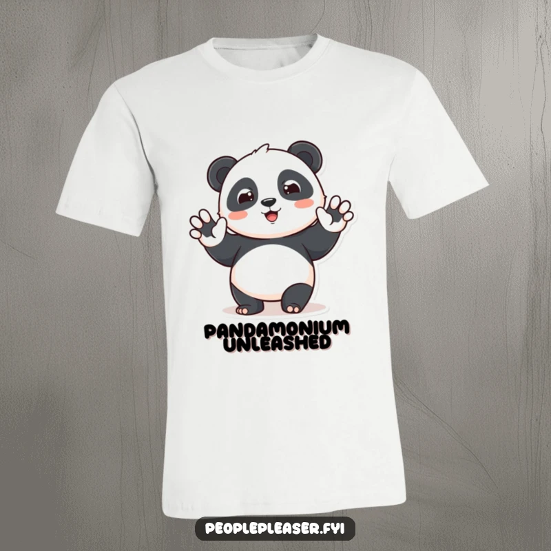 Funny panda t-shirt showing a cute character waving hello with a beaming smile, perfect for spreading positivity and humor.