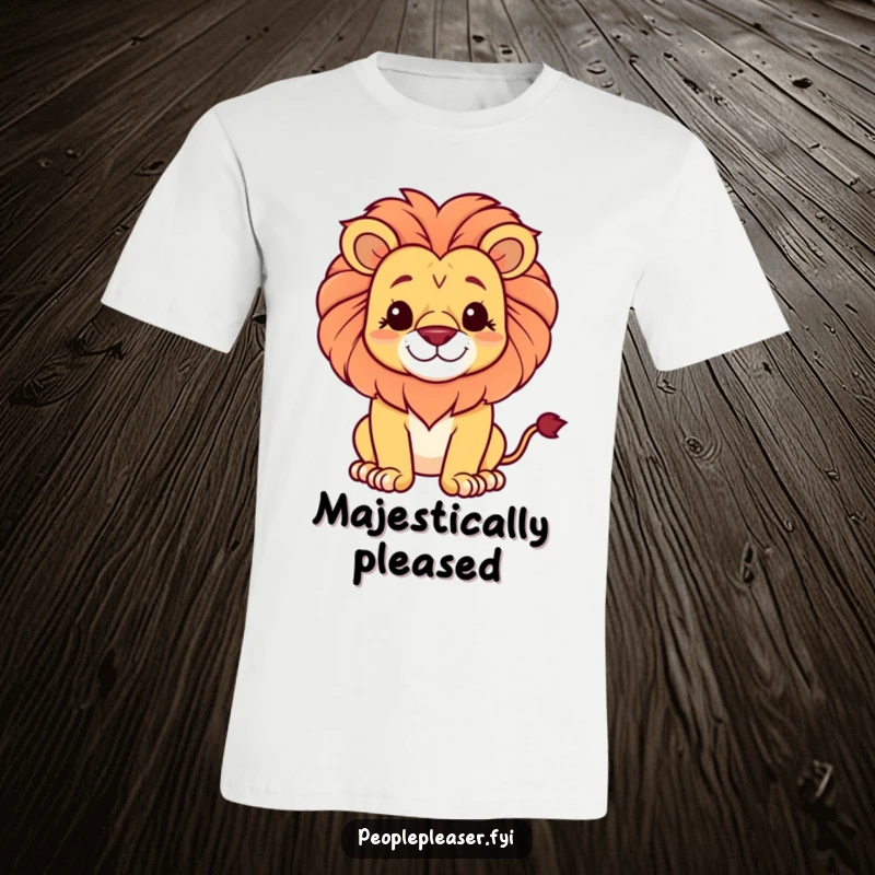 Funny t-shirt design of a proud lion with a serene, gentle smile, conveying strength and kindness.