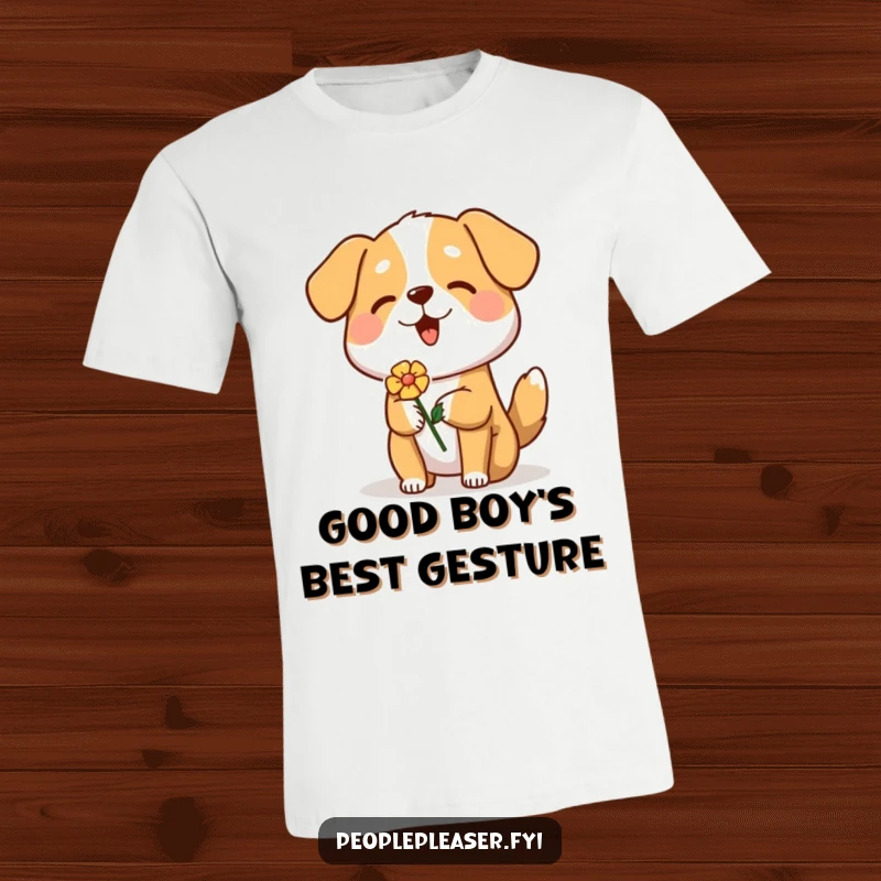 Funny Dog T-Shirt showing a joyful dog extending a flower, perfect for expressing a friendly and caring personality.