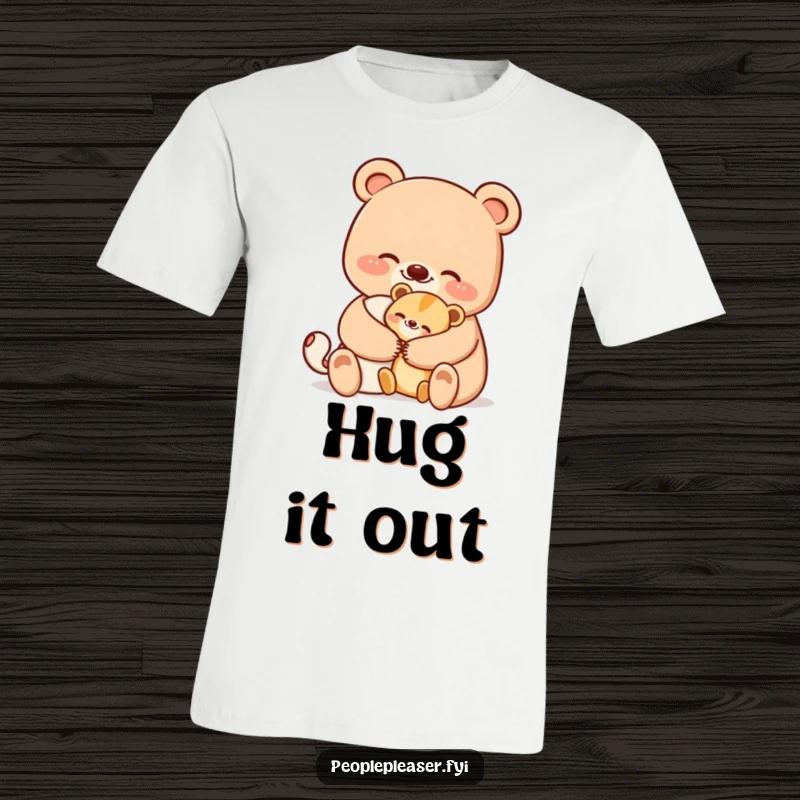 Funny bear t-shirt featuring a smiling bear character offering a comforting hug to a smaller animal, showcasing love and humor.