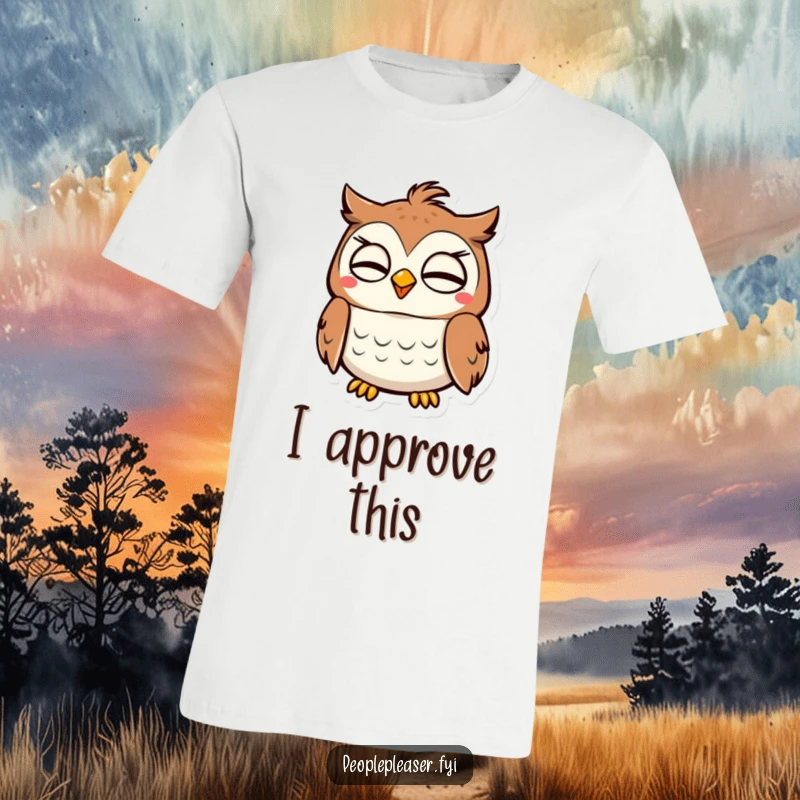 Funny Owl T-Shirt: A content owl character nods wisely, conveying approval and gentle humor. Hilarious gift idea!